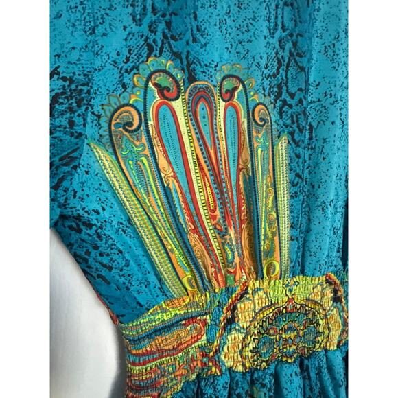 Gracia Maxi Dress Blue Green Smocked Waist Front Slit Boho Whimsical medium - Picture 11 of 16